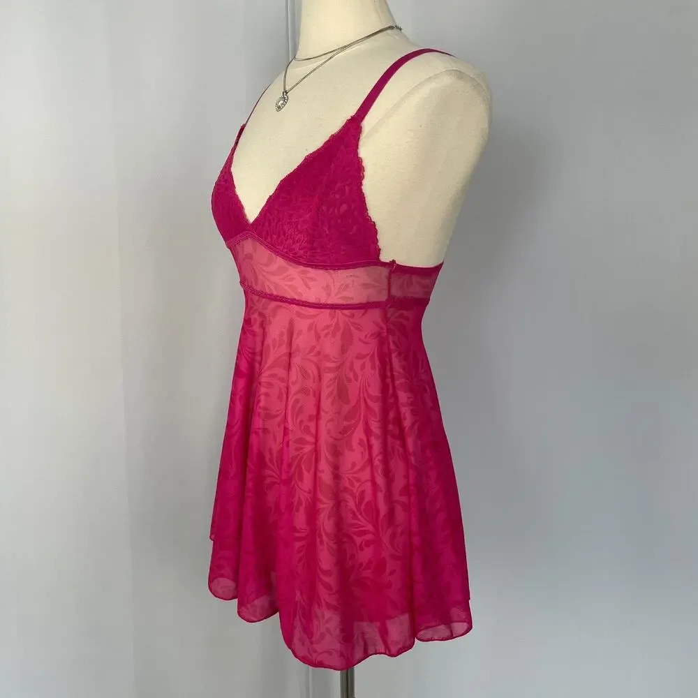 Cami Tank Top Size Medium Hot Pink Sheer Mesh Babydoll Lingerie Romantic